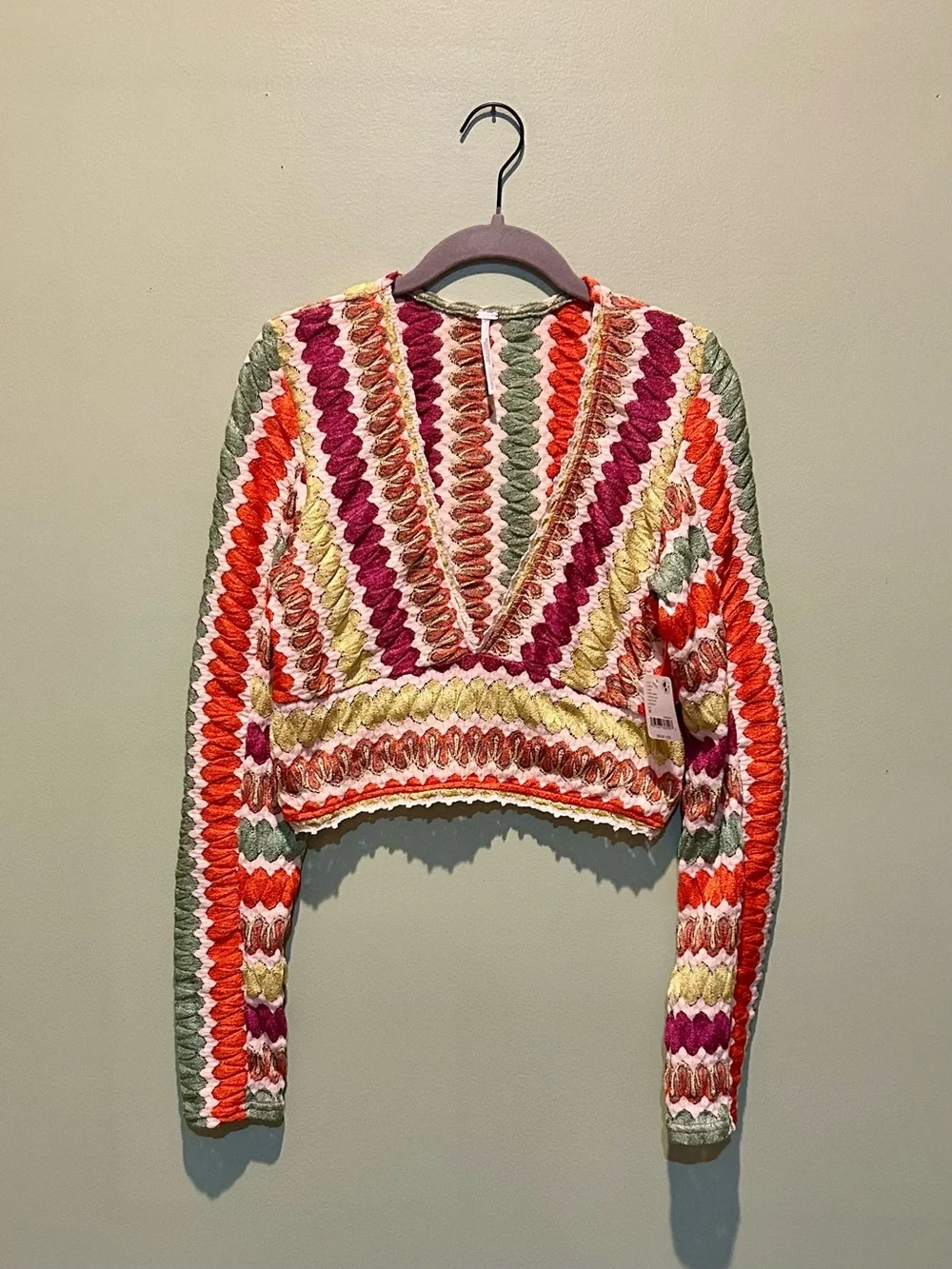 Free People Crochet V-Neck Multicolor Women's Top - Pink, Orange & Green